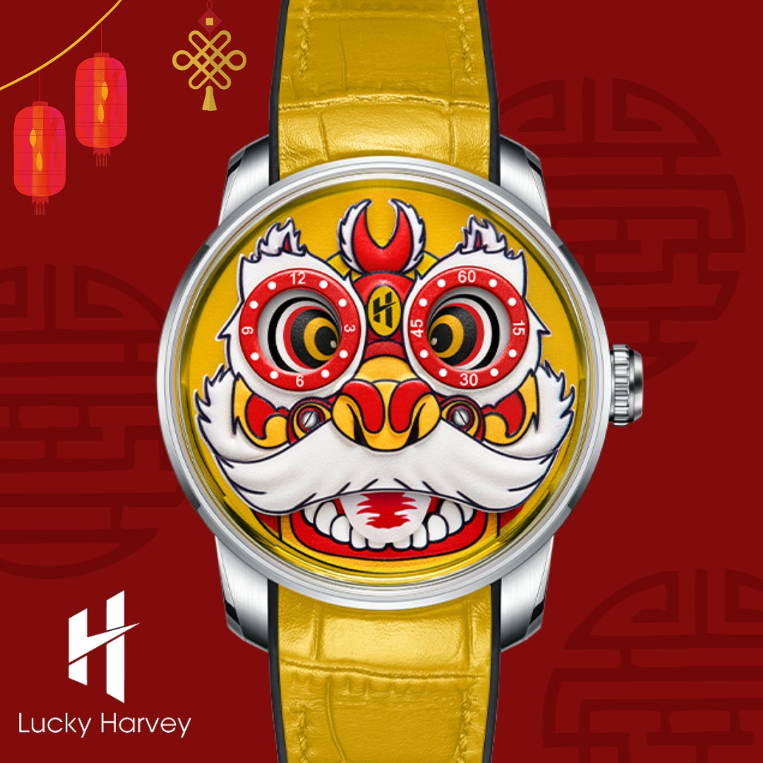 Reloj automático con movimiento de ojo en movimiento Yellow Lion Dance LH001 para hombre Lucky Harvey