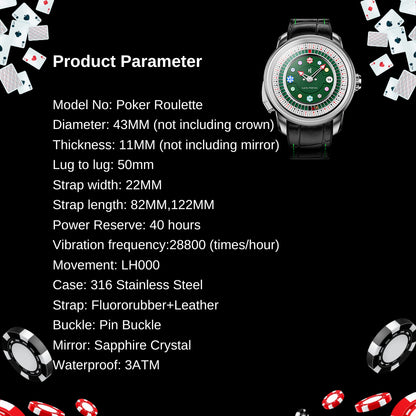 Player Series Silver Poker Roulette Automatic Watch Lucky Harvey
