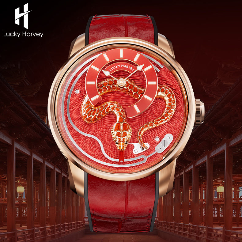 【Édition limitée 100 pièces】2025 Montre mécanique à carillon Snake Automata en émail rouge Lucky Harvey