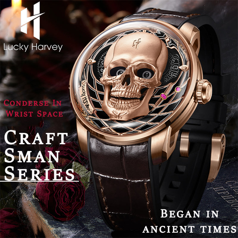 【Édition limitée 111 pièces】Montre à mécanisme automatique en forme de crâne doré Lucky Harvey