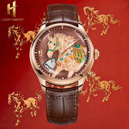 Pre-Sale【Limited 100pcs】2026 Chiming Automaton Lucky Harvey Horse Watch Grade 5 Titanium Alloy Gold Brown 骠(biāo)