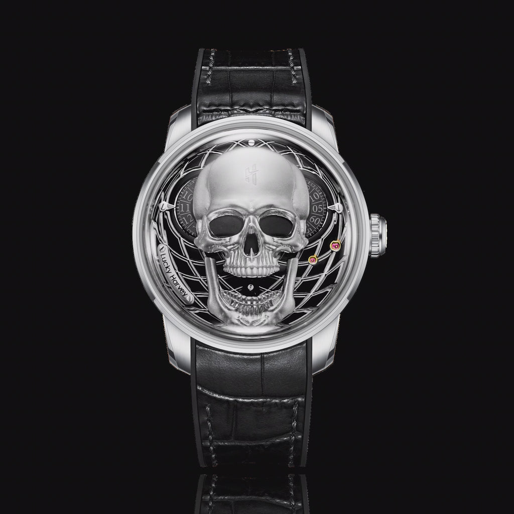 【Édition limitée 111 pièces】Montre à mécanisme automatique en forme de crâne argenté Lucky Harvey