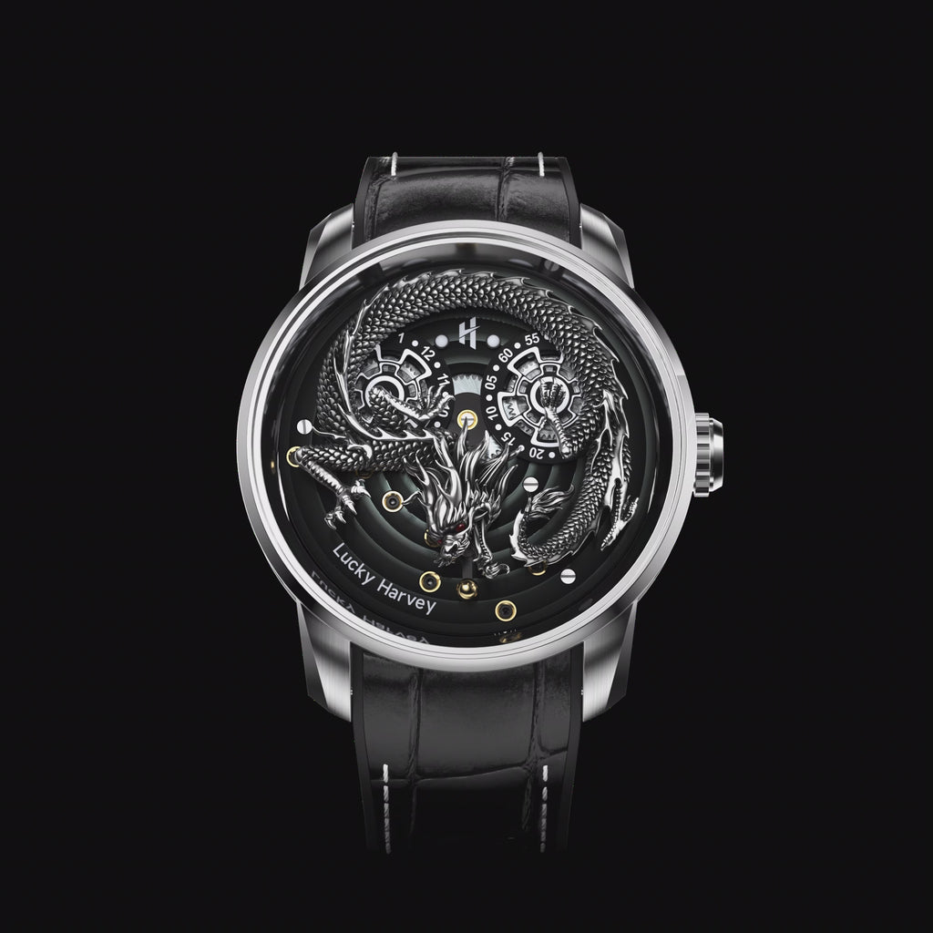 Silver Dragon Automatic Watch Spit Out Gold Bead Luminous Lucky Harvey