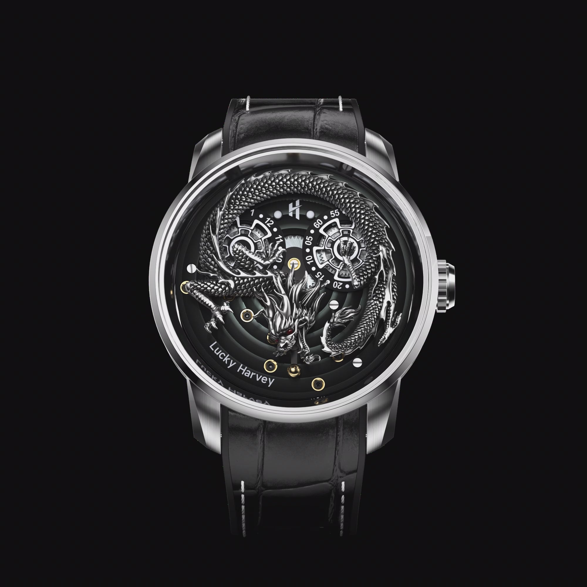 Silver Dragon Automatic Watch Spit Out Gold Bead Luminous Lucky Harvey