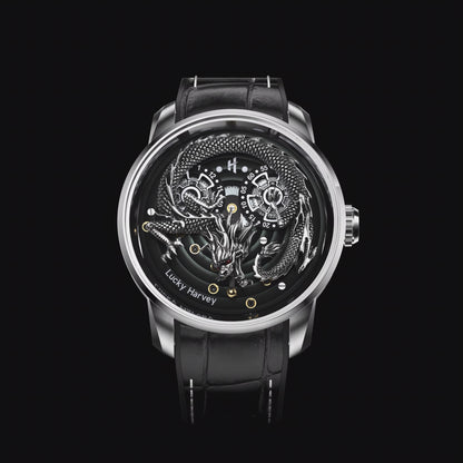 Silver Dragon Automatic Watch Spit Out Gold Bead Luminous Lucky Harvey
