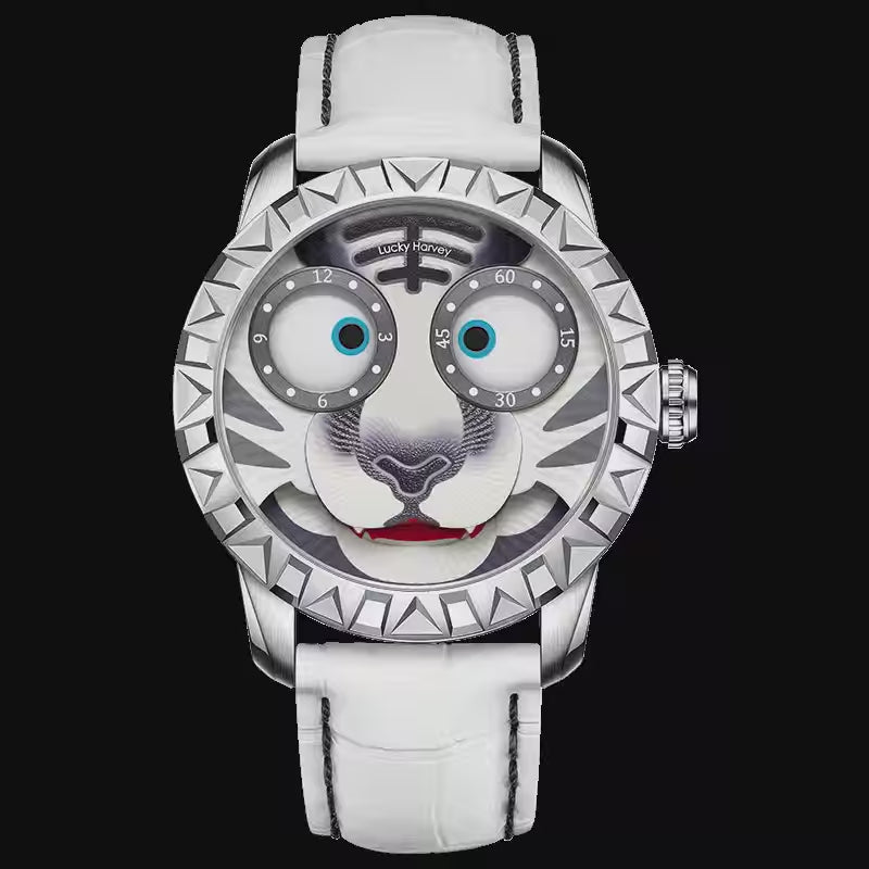 lucky harvey white tiger Eyeballs rolling, teeth spitting out, dynamic display diagram