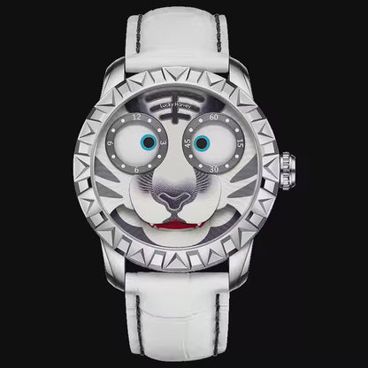 lucky harvey white tiger Eyeballs rolling, teeth spitting out, dynamic display diagram