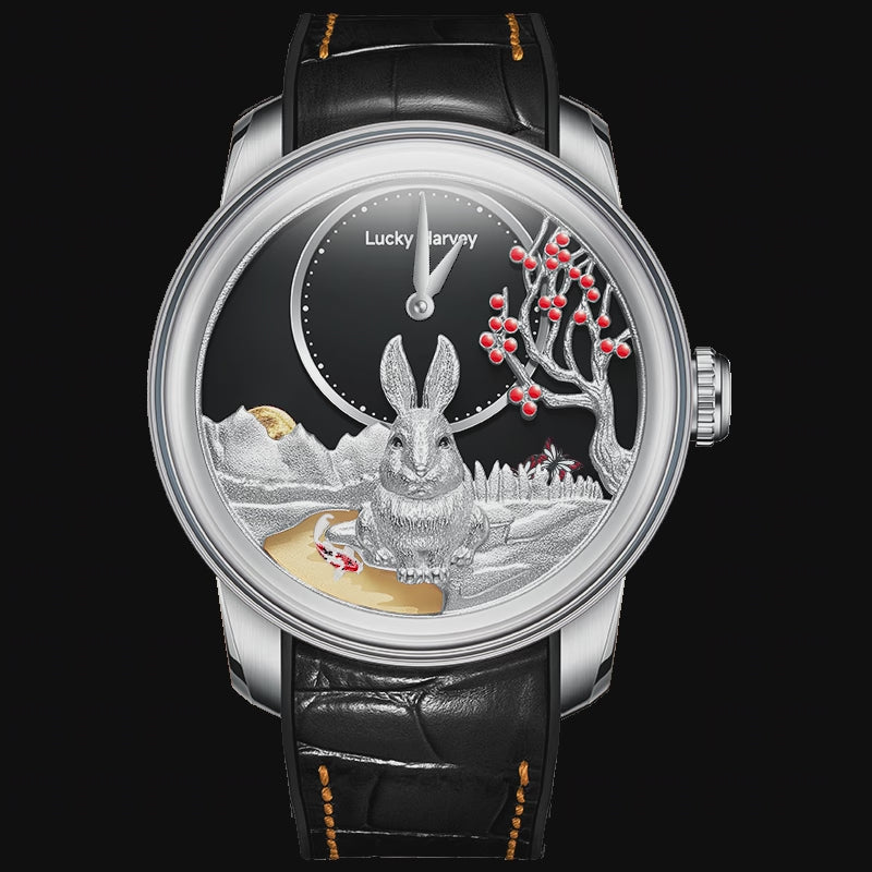 【Edición limitada de 588 piezas】Reloj automático de conejo plateado Año Nuevo chino 2023 luminoso Lucky Harvey