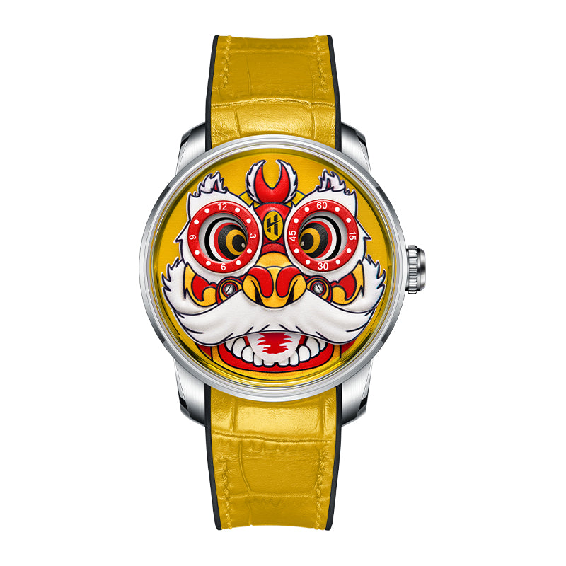 Montre automatique à mouvement automatique LH001 pour homme Lucky Harvey avec œil mobile et danse du lion jaune