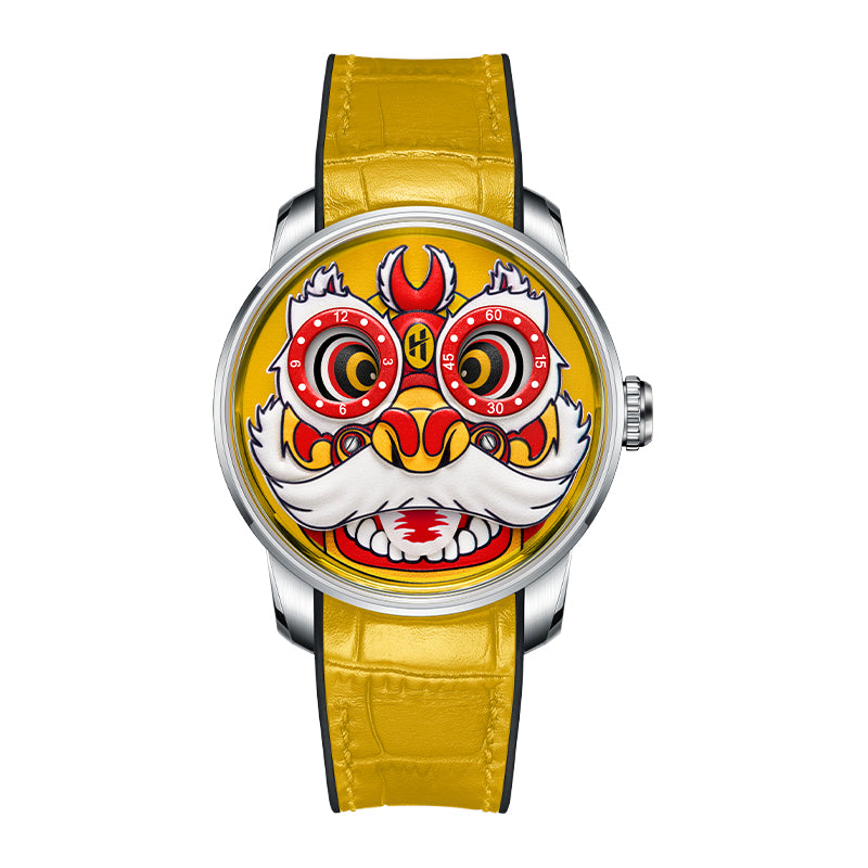 Yellow Lion Dance Moving Eye Automatic LH001 Movement Luminous Watch For Men Lucky Harvey